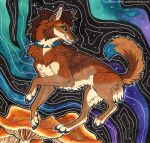 abstract_background ambiguous_feral ambiguous_gender black_claws black_nose black_pawpads blue_collar brown_body brown_fur brown_hair brown_tail butt_tuft canid canine cheek_tuft chest_tuft claws collar ear_piercing ear_ring facial_tuft fangs feral fungus fur glistening glistening_eyes hair heatherwolf hi_res looking_at_viewer mammal mouth_closed mushroom neck_tuft pawpads piercing ring_piercing side_view solo tail tan_body tan_fur teeth tuft whiskers