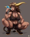  2020 5_fingers absurd_res alternate_species black_sclera bottomwear breasts brown_hair camel_toe capcom cleavage clothed clothing female fingers footwear grey_background hair hi_res holding_object horn humanoid humanoid_pointy_ears humanoidized jmg long_hair looking_at_viewer monster_hunter muscular muscular_female nipple_outline open_mouth primatius rajang red_eyes scar shirt shoes shorts signature simple_background solo tank_top tongue tongue_out topwear video_games 