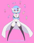  alternate_color artist_request black_panties blush bob_cut breasts gardevoir gen_3_pokemon green_hair heart heart_panties heart_print highres labcoat large_breasts legs_apart looking_at_viewer no_humans open_mouth panties pink_background pokemon pokemon_(creature) print_panties red_eyes shiny_pokemon simple_background solo thighhighs twitter_username underwear white_skin 