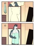 2026 absurd_res anthro aquatic biped blue_hair bonnymama7 breasts censor_bar closed_smile comic countershade_face countershade_legs countershade_neck countershade_torso countershading digital_drawing_(artwork) digital_media_(artwork) elbow_fin eyes_closed female fin fingers first_page fish front_view gills grey_body grey_countershading gynomorph_(lore) hair head_fin hi_res inside mouth_closed multicolored_body neck_gills portrait rear_view shark shark_gal_(bonnymama7) small_comic smile snout solo tail teal_body three-quarter_portrait towel towel_only two_tone_body white_hair