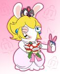 2019 ambiguous_gender anthro anthro_focus blue_ear_piercing blue_eyes bonneter bouquet cellphone closed_frown clothed clothed_anthro clothed_female clothing colored crossover crown digital_drawing_(artwork) digital_media_(artwork) dress electronics elemental_creature english_description eyelashes eyeless female flora_fauna flower flower_bouquet frown fur group hair headgear holding_another holding_bouquet holding_cellphone holding_flower holding_object holding_phone holding_smartphone lagomorph larger_anthro larger_female light lighting lips long_ears long_hair looking_at_viewer mammal mario_bros mario_plus_rabbids_kingdom_battle mitten_hands mouth_closed multicolored_body nintendo noseless on_another one_eye_closed outline pattern_background phone pink_background pink_clothing pink_dress pink_eyes pink_outline piranha_plant plant ponytail pupils rabbid rabbid_peach raving_rabbids rayman_(series) red_head_(anatomy) shaded sharp_teeth simple_background size_difference smaller_ambiguous smaller_female smartphone smile smiling_at_viewer spots spotted_head standing supahstudiomann super_mario_odyssey tan_body tan_eyelids tan_inner_ear tan_skin teeth thick_lips tiara tiara_(mario) tooth_gap toothy_grin two_tone_body ubisoft wedding_dress white_body white_fur white_lips white_sclera white_spots wink winking_at_viewer