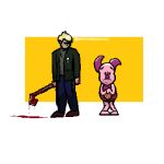 anthro blonde_hair blood blood_on_clothing bodily_fluids clothing cookie disney domestic_pig duo ears_back eyebrows food hair happyorange2000 human james_sunderland konami looking_at_another looking_at_viewer looking_down male mammal melee_weapon piglet piglet's_big_game pivoted_ears scared silent_hill suid suine sus_(pig) weapon winnie_the_pooh_(franchise)