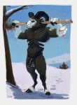  2020 anthro balls bodily_fluids bovid caprine curved_horn digital_media_(artwork) fur genital_fluids genitals goat hair hi_res holding_object holding_weapon horn looking_at_viewer male mammal melee_weapon nude outside penis precum rele snow soft solo standing tree weapon zoke 