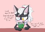 apron black_body black_fur blind_eye bodily_fluids button_pin canid canine canis claws clothing cookie-pone crying dialogue embarrassed english_text fangs fast_food_employee fast_food_uniform femboy fur hair infinite_(sonic) jackal looking_down male mammal name_tag ponytail sad scar scrunchie sega shirt smiley_face solo sonic_forces sonic_the_hedgehog_(series) tears teeth text topwear white_body white_fur white_hair yellow_eyes