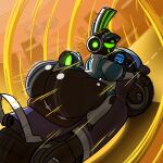 1:1 2026 animal_humanoid anthro big_butt black_body blue_clothing blue_jacket blue_topwear breasts butt city clothing dated dotted_background driving electronics female gloves glowing green_eyes handwear headphones heart_symbol hi_res huge_butt humanoid jacket lagomorph leporid looking_back machine mammal motorcycle pattern_background project_turboblast rabbit randompersonguy riding_motorcycle road robot robot_anthro screen screen_face signature simple_background smile solo speed_lines tempo_(project_turboblast) topwear vehicle visor yellow_background
