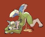 animal_genitalia animal_penis anthro ass_up bodily_fluids canid canine canine_genitalia canine_penis chevron_(marking) colored digitigrade genital_fluids genitals green_body krakencalamari male male_peeing mammal markings mischievous_smile paws peeing peeing_on_ground peeing_while_erect penis red_background simple_background solo tail tail_motion tailwag urine urine_on_ground urine_pool urine_stream watersports zelenyy