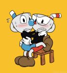 after_kiss animate_inanimate blush blush_lines bodily_fluids brother_(lore) brothers_(lore) caught_in_the_act container cup cuphead_(character) cuphead_(game) duo for_a_head humanoid humor incest_(lore) male male/male mug mugman not_furry object_head sibling_(lore) simple_background studio_mdhr sweat toxic-boner twincest_(lore) twins_(lore) yellow_background