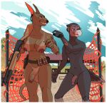 accipitrid accipitriform ammunition anthro areola avian balls barbell_piercing beak belt bird breasts canid canine canis casual_nudity digital_media_(artwork) domestic_dog duo feathers foreskin genitals gun gynomorph half-erect hi_res holding_gun holding_object holding_ranged_weapon holding_shotgun holding_weapon holster humanoid_genitalia humanoid_penis intersex jean_(smiss) lavasi mammal navel nipple_barbell nipple_piercing nipples nude outdoor_nudity partially_retracted_foreskin penis piercing ranged_weapon roxanne_(smiss) shell_(projectile) shotgun shotgun_shell smile standing suntan tail tan_line utility_belt vulture weapon