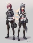  2girls animal_ears arknights artist_request bag battle_rifle black_hair black_legwear boots chinese_commentary commentary_request energy_wings exusiai_(arknights) fingerless_gloves fn_fal gloves gun h&amp;k_usp halo handgun highres knee_pads multiple_girls pantyhose red_eyes red_hair rifle shorts skirt tail texas_(arknights) weapon wolf_ears wolf_tail 