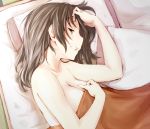 1girl amagami bangs bare_shoulders blanket breasts cleavage commentary covering from_above hair_down half-closed_eyes hand_on_own_head highres large_breasts looking_at_viewer lying medium_hair on_bed on_side parted_lips pillow sasaki_akira_(ugc) smile solo tsukahara_hibiki under_covers 