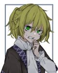  1girl absurdres angry biting blonde_hair bright_pupils clenched_teeth eyebrows_visible_through_hair eyes face frown green_eyes green_nails hair_between_eyes highres hisha_(kan_moko) looking_at_viewer mizuhashi_parsee nail_biting ponytail scarf scowl short_hair simple_background solo sweatdrop teeth touhou upper_body v-shaped_eyebrows white_neckwear white_pupils white_sleeves 