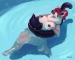  2020 anthro big_breasts breasts digital_media_(artwork) female fur hair hi_res hyaenid inflatable looking_at_viewer mammal nipples nude red_hair simple_background sokee solo spotted_hyena swimming_pool water zoke 