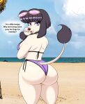 absurd_res alys_faiblesse_(zelripheth) anthro arm_tuft beach big_breasts big_butt bikini bikini_bottom bikini_top black_hair black_lipstick breasts brown_nose butt canid canine canis clothing domestic_dog english_text eyebrow_piercing eyeshadow eyewear facial_piercing female floppy_ears hair hi_res lipstick looking_back makeup mammal outside piercing poodle purple_bikini purple_clothing purple_eyes purple_eyeshadow purple_swimwear short_hair solo speech_bubble standard_poodle standing sunglasses swimwear tail tail_tuft talking_to_viewer text tuft two-piece_swimsuit wide_hips wrist_tuft zelripheth