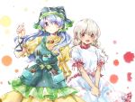  2girls apron blonde_hair blue_hair bow commentary_request cowboy_shot dress earlobes ebisu_eika eyebrows_visible_through_hair fingernails flower frilled_sleeves frills green_apron green_bow green_headwear hand_up haniyasushin_keiki head_scarf long_hair looking_at_viewer magatama magatama_necklace multiple_girls open_mouth own_hands_together puffy_short_sleeves puffy_sleeves purple_eyes red_eyes shirt short_sleeves skirt smile sora_utsuro_(ameya) tools touhou white_background white_shirt white_skirt yellow_dress 