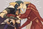  2girls arm_guards armor blush byleth_(fire_emblem) byleth_(fire_emblem)_(female) cape closed_eyes dagger edelgard_von_hresvelg fire_emblem fire_emblem:_three_houses gloves green_hair horned_headwear kiss multiple_girls muscle muscular_female navel_cutout red_cape red_gloves scar silver_hair tiara unoobang weapon yuri 