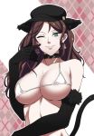  1girl animal_ears black_gloves black_headwear breasts brown_hair cat_ears cat_tail choker closed_mouth dorothea_arnault earrings elbow_gloves fire_emblem fire_emblem:_three_houses gloves green_eyes hat jewelry large_breasts long_hair one_eye_closed smile solo tail tes_tter63 upper_body 