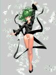  1girl arm_up black_dress breasts collarbone covered_navel don_(rg06268) dress dress_lift full_body green_eyes green_hair grey_background groin highres looking_at_viewer no_panties one-punch_man shiny shiny_hair short_hair simple_background small_breasts solo standing tatsumaki 