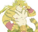  2019 5_fingers anthro basedgoblin biceps big_pecs blonde_hair felid fingers fur green_eyes hair hand_wraps humanoid_hands long_hair magan male mammal multicolored_body multicolored_fur muscular muscular_male navel nipples pantherine pecs pink_nose simple_background striped_body striped_fur striped_tail stripes tiger tokyo_afterschool_summoners two_tone_body two_tone_fur video_games white_background white_body white_fur wraps yellow_body yellow_fur 