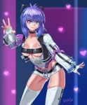  1girl bandage_on_face bandaid bandaid_on_face bandaid_on_nose beltbra blue_eyes blue_nails crotch_zipper gloves grey_gloves heart heart-shaped_pupils kikino looking_at_viewer melody_(projektmelody) projektmelody purple_hair solo stirrup_legwear symbol-shaped_pupils toeless_legwear zipper 