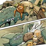 >_o 1:1 2026 5_fingers abs absurd_res action_scene anthro armor arthropod axe battle_axe blocking brown_body brown_clothing brown_fingerless_gloves brown_fur brown_gloves brown_hair brown_handwear canid canine canis ceehaz clothing collar comic crab crustacean decapod dobermann dodging dog_knight_rpg domestic_dog duo english_text feet female feral fight fingerless_gloves fingers footwear fur gauntlets_(weapon) gloves grin hair handwear herding_dog hi_res holding_battle_axe holding_melee_weapon holding_object holding_weapon humanoid_feet humanoid_hands malacostracan mammal melee_weapon metal_armor mohawk monster nix_(ceehaz) one_eye_closed pastoral_dog pincers pinscher plantigrade pouch_(clothing) rory_(ceehaz) smile tan_body tan_fur text toeless_footwear toes weapon welsh_corgi