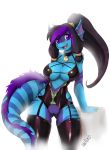  2017 anthro black_hair blue_body breasts cleavage clothed clothing collar digital_media_(artwork) dragon exenthal eyebrows eyelashes female fish fur garter_belt garter_straps genitals hair happy hybrid krakenparty long_hair marine navel open_mouth purple_body purple_eyes purple_fur purple_hair pussy shark signature simple_background solo striped_body stripes teeth tongue white_background 