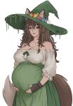 2026 animal_ears animal_humanoid bare_shoulders blue_flower braided_hair breasts brown_hair canid canid_humanoid canine canine_humanoid cleavage clothed clothing degrees_of_lewdity dress english_commentary female fingerless_gloves flower fox_ears fox_humanoid fox_tail freckles furgonomic_hat furgonomic_headwear furgonomics gloves green_eyes green_ribbon gwylan_(degrees_of_lewdity) gwylan_(female)_(degrees_of_lewdity) hair hair_between_eyes hands_on_own_stomach handwear hat hat_flower headgear headwear hi_res humanoid k1w1a mammal mammal_humanoid mouth_closed plant pregnant purple_flower ribbons simple_background solo tail white_background white_flower witch_hat yellow_flower