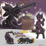 1:1 acting_like_a_cat aiming aiming_gun aiming_weapon ambiguous_gender anthro arched_back bipod black_body black_fur black_sclera casualties:_unknown duo english_text expie_(gunsawian) eye_contact felid feline felis feral feralized fur gesture green_eyes gun gunsaw gunsawian hand_gesture handpaw hard_translated hi_res hoboman holding_gun holding_object holding_ranged_weapon holding_rifle holding_sniper_rifle holding_weapon kneeling looking_at_another mammal orange_sclera pawpads paws pink_pawpads pointing pointing_up purple_body purple_fur ranged_weapon rifle scope signature simple_background sniper_rifle speciesism speech_bubble standing tail text third-party_edit translated translation_edit voyager_(gunsawian) weapon