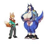  1:1 anthro big_breasts blush bobert bodily_fluids bottomwear breasts bulge canid canine clothed clothing drooling erection female fingerless_gloves fox fox_mccloud genital_fluids genitals gloves handkerchief handwear hi_res huge_breasts hyper hyper_breasts krystal lactating looking_at_another male mammal nintendo nipples open_mouth pants pants_down partially_clothed pussy pussy_juice saliva simple_background size_difference smile star_fox sweat video_games white_background 