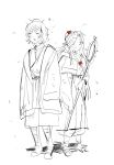 2026 biped blush capelet clothed clothing coat delicious_in_dungeon dress duo elf eyes_closed falin_touden female footwear full-length_portrait hair hi_res holding_object holding_staff human humanoid humanoid_pointy_ears long_hair looking_at_viewer magic_staff magoskink mammal marcille_donato monochrome pen_(artwork) plantigrade pointy_ears portrait red_hair_bow shadow short_hair simple_background sketch smile spot_color staff standing straight_hair topwear traditional_media_(artwork) white_background