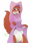  2020 anthro biped black_nose bodily_fluids breasts canid canine clothing clothing_lift diaper digital_media_(artwork) disney dress dress_lift eyebrows feces female fox genital_fluids hi_res humanoid_hands maid_marian mammal messy_diaper messyszop raised_tail red_fox robin_hood_(disney) scat simple_background smile soiling solo standing stink_lines urine watersports wet_diaper wetting 