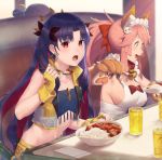  3girls absurdres ahoge animal_ear_fluff animal_ears apron artoria_pendragon_(all) baseball_cap bell bell_collar black_hair black_ribbon blonde_hair blush breasts cat_hair_ornament cat_paws cleavage collar collarbone commentary commentary_request cropped_vest curry curry_rice earrings eating fang fate/grand_order fate_(series) fingerless_gloves food fox_ears fox_girl gloves hair_ornament hair_ribbon hat highres holding holding_spoon hoop_earrings ishtar_(fate)_(all) jewelry jingle_bell large_breasts midriff multicolored_hair multiple_girls mysterious_heroine_x naked_apron navel oishiimelon open_clothes open_mouth open_vest paw_gloves paws pink_hair plate red_eyes red_hair ribbon rice shorts sideboob small_breasts space_ishtar_(fate) spoon tamamo_(fate)_(all) tamamo_cat_(fate) tiara two-tone_hair vest white_apron yellow_eyes yellow_gloves yellow_shorts yellow_vest 