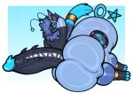 2026 4_fingers alien antennae_(anatomy) anthro balls big_balls big_butt biped blue_body blue_eyes blue_fur blue_hair butt ear_piercing ear_ring femboy fingers fur garedwolf genitals glistening glistening_body glowing glowing_eyes gold_(metal) green_body green_fur hair hand_behind_head hi_res huge_balls huge_butt huge_hips huge_thighs humanoid_genitalia humanoid_penis hyper hyper_balls hyper_butt hyper_genitalia hyper_hips hyper_thighs k1o_(k1o_gl1x) long_hair lying machine male multicolored_body multicolored_fur on_side overweight penis piercing propped_up protogen protogen_armor protogen_face protogen_visor raised_arm ring_piercing screen screen_face smile solo spiked_penis spikes spikes_(anatomy) tail thick_thighs visor wide_hips