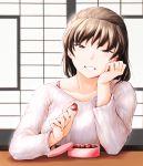  1girl amagami box_of_chocolates brown_eyes brown_hair candy chocolate chocolate_heart food grin heart highres indoors jewelry looking_at_viewer medium_hair ribbed_sweater ring sasaki_akira_(ugc) sitting smile solo sweater table tsukahara_hibiki upper_body valentine 