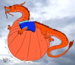 2024 ambiguous_gender belly big_belly black_nose blue_clothing blue_shirt blue_topwear clothing dipstick_tail dragon feral flying green_eyes hair hi_res horn huge_belly markings mythological_creature mythological_scalie mythology orange_body orange_hair orange_horn orange_legs orange_tail orange_tail_tip overweight rumbling_stomach scalie shirt signature solo tail tail_markings teeth topwear watermark yauhasart