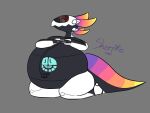 2021 4:3 ambiguous_gender anthro belly big_belly biped black_body black_countershading colored countershading dated doom_(series) gaming huge_belly id_software it_runs_doom_(meme) kneeling microsoft multicolored_tail playing_video_game screen screen_face sheepie_(artist) signature solo synth_(vader-san) tail white_body wired_controller ylle_(daebelly)