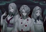  3girls aoi_ogata artist_name bangs blurry blurry_background breasts character_request cleavage closed_mouth commentary depth_of_field english_commentary facial_mark fingernails forehead_mark grey_eyes grey_hair hair_ornament hair_over_one_eye highres japanese_clothes kimetsu_no_yaiba kimono long_hair long_sleeves looking_at_viewer medium_breasts mother_spider_demon_(kimetsu_no_yaiba) multiple_girls obi parted_bangs rui_(kimetsu_no_yaiba) sash sharp_fingernails short_sleeves spider_web_print upper_body white_kimono white_skin wide_sleeves 