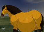 2024 belly big_belly black_hair black_tail brown_nose equid equine feral grass grass_field hair hi_res horse horse_tail looking_at_viewer male mammal overweight plant rumbling_stomach side_view signature snort solo spirit tail tan_belly tan_body watermark wobbling_belly yauhasart