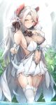  1girl absurdres ahoge azur_lane bangs bare_shoulders blush breasts bridal_gauntlets bridal_veil bride bush collarbone commentary_request cowboy_shot day dress eyebrows_visible_through_hair hair_ornament headgear highres iron_cross large_breasts long_hair looking_at_viewer mole mole_on_breast multicolored_hair panties pantyshot pantyshot_(standing) parted_lips partially_submerged pleated_skirt prinz_eugen_(azur_lane) short_dress showgirl_skirt sidelocks silver_hair sitting skirt skirt_lift smile solo standing streaked_hair thighhighs two_side_up underwear veil very_long_hair water wedding_dress white_legwear white_panties white_skirt yusha_(m-gata) 