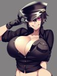  1girl absurdres arm_behind_back black_hair breast_pocket breasts buttons camui_kamui cleavage copyright_request gloves grey_background grin hand_on_headwear hand_up hat hat_over_one_eye hat_tip highres huge_breasts impossible_clothes impossible_shirt looking_at_viewer midriff partially_unbuttoned pink_eyes pocket shirt short_hair short_sleeves simple_background smile solo stomach upper_body 