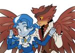 3_fingers anthro avian bird clothed clothing crossover duo eyebrows feathered_wings feathers female fingers frankelda hand_holding herneval howl's_moving_castle human i_am_frankelda isomaru male mammal owl owl_demon redraw simple_background susto tecotias thick_eyebrows white_background wings