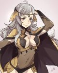  1girl ahoge breasts cape center_opening closed_mouth covered_navel fire_emblem fire_emblem_fates grey_eyes grey_hair kokomi_(aniesuakkaman) long_hair ophelia_(fire_emblem) simple_background smile solo 