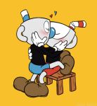 animate_inanimate blush blush_lines brother_(lore) brothers_(lore) container cup cuphead_(character) cuphead_(game) duo for_a_head heart_symbol humanoid incest_(lore) kiss_on_lips kissing making_out male male/male mug mugman not_furry object_head sibling_(lore) simple_background studio_mdhr toxic-boner twincest_(lore) twins_(lore) yellow_background