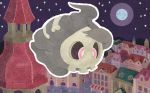  creature duskull floating full_body full_moon ghost house looking_down moon night night_sky no_humans official_art outline pokemon pokemon_(creature) pokemon_trading_card_game sky solo star_(sky) starry_sky third-party_source town uratsuka_ryouma white_outline window 