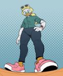  anatid anseriform anthro avian bird bottomwear clock clothing disney duck ducktales ducktales_(2017) eyewear female first_person_view footwear glasses glittering_goldie hi_res looking_down macro pants shoes silverscarf solo watch 