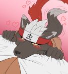  &lt;3 5_fingers accessory blush canid canine canis clothed clothing domestic_dog duo facial_scar fingers forehead_protector fur gradient_background grey_body grey_fur hair hand_on_chest headband hi_res male mammal pink_background red_eyes scar scarf shirt simple_background sojin_advance tadatomo tailwag tokyo_afterschool_summoners topwear video_games white_clothing white_hair white_shirt white_topwear 