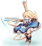  1girl armored_boots bangs black_footwear black_legwear blonde_hair blue_dress blue_eyes blush boots breastplate charlotta_fenia chibi closed_mouth commentary_request crown dress eyebrows_visible_through_hair full_body gauntlets gradient gradient_background granblue_fantasy granblue_fantasy_versus green_background hair_between_eyes highres holding holding_sword holding_weapon karukan_(monjya) long_hair looking_at_viewer mini_crown outstretched_arms puffy_short_sleeves puffy_sleeves short_sleeves solo spread_arms standing sword thigh_boots thighhighs v-shaped_eyebrows very_long_hair weapon white_background 