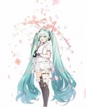  1girl alternate_costume aqua_eyes aqua_hair armpit_cutout black_legwear blurry blurry_foreground butterfly_ornament commentary dated depth_of_field english_commentary falling_petals feet_out_of_frame floral_print flower_skirt gloves hair_ornament hatsune_miku headphones highres hokuotzu holding holding_umbrella long_hair mismatched_legwear open_mouth petals shirt short_sleeves shorts skirt smile solo standing suspender_skirt suspenders thigh_strap thighhighs transparent transparent_umbrella twintails umbrella very_long_hair vocaloid white_shirt white_shorts 