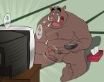  2018 anthro balls blush genitals hi_res humanoid_genitalia humanoid_hands humanoid_penis kemono kmhr_889012 male mammal masturbation overweight overweight_male penis sitting solo suid suina sus_(pig) television wild_boar 