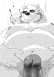  2020 anthro belly blush erection genitals hi_res humanoid_genitalia humanoid_hands humanoid_penis japanese_text kemono male mammal monochrome moobs navel nipples one_eye_closed overweight overweight_male penis shintatokoro solo text ursid wink 