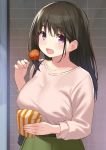  1girl bangs breasts brown_hair cccpo collarbone commentary eyebrows_visible_through_hair food highres holding holding_food large_breasts long_hair long_sleeves open_mouth original purple_eyes smile solo 